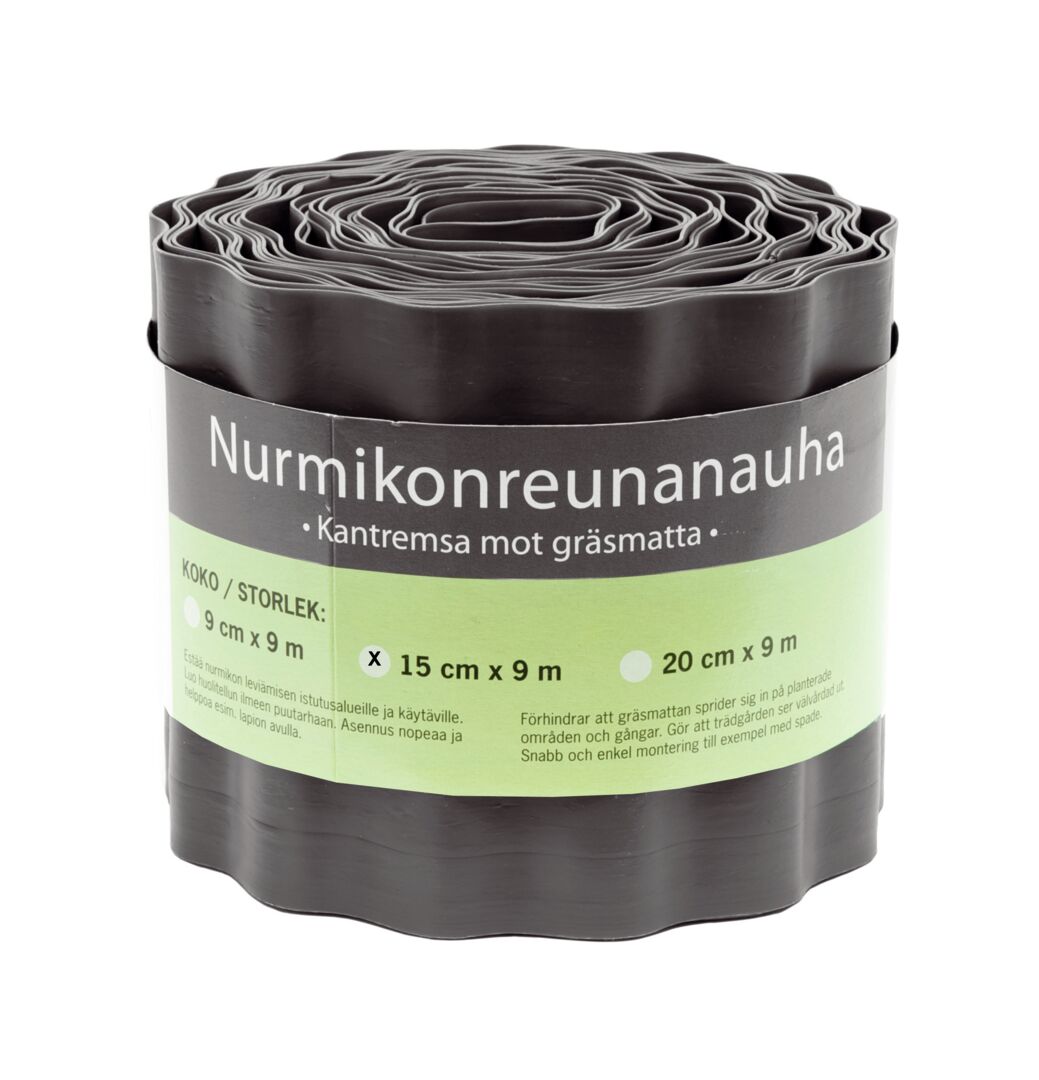 Nurmikonreunanauha muovia, musta, 15 cm x 9 jm